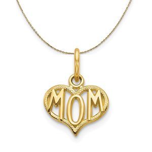 14k Yellow Gold Polished Mom Heart Necklace - 16 Inch